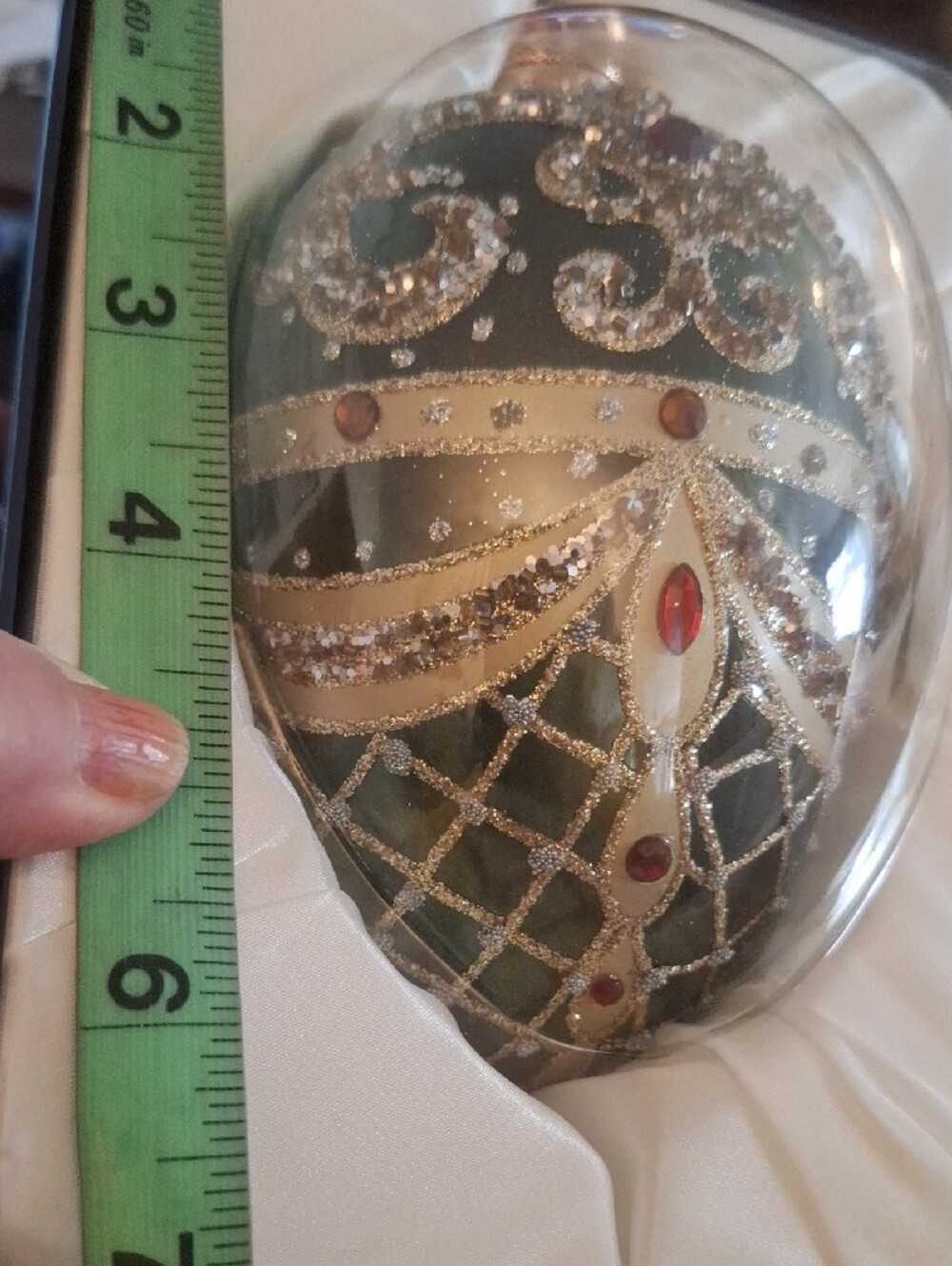 Large Hand-Painted Dk Green and Gold Decorative Egg Ornament 6.5" X 5" - Picture 5 of 6